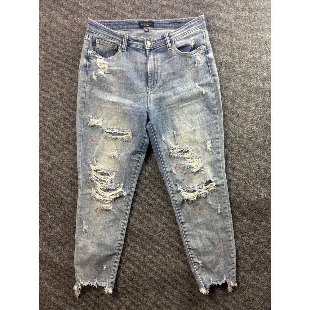 Judy Blue Boyfriend Jeans Womens 11/30 Light Wash Distressed Paint Splatter
